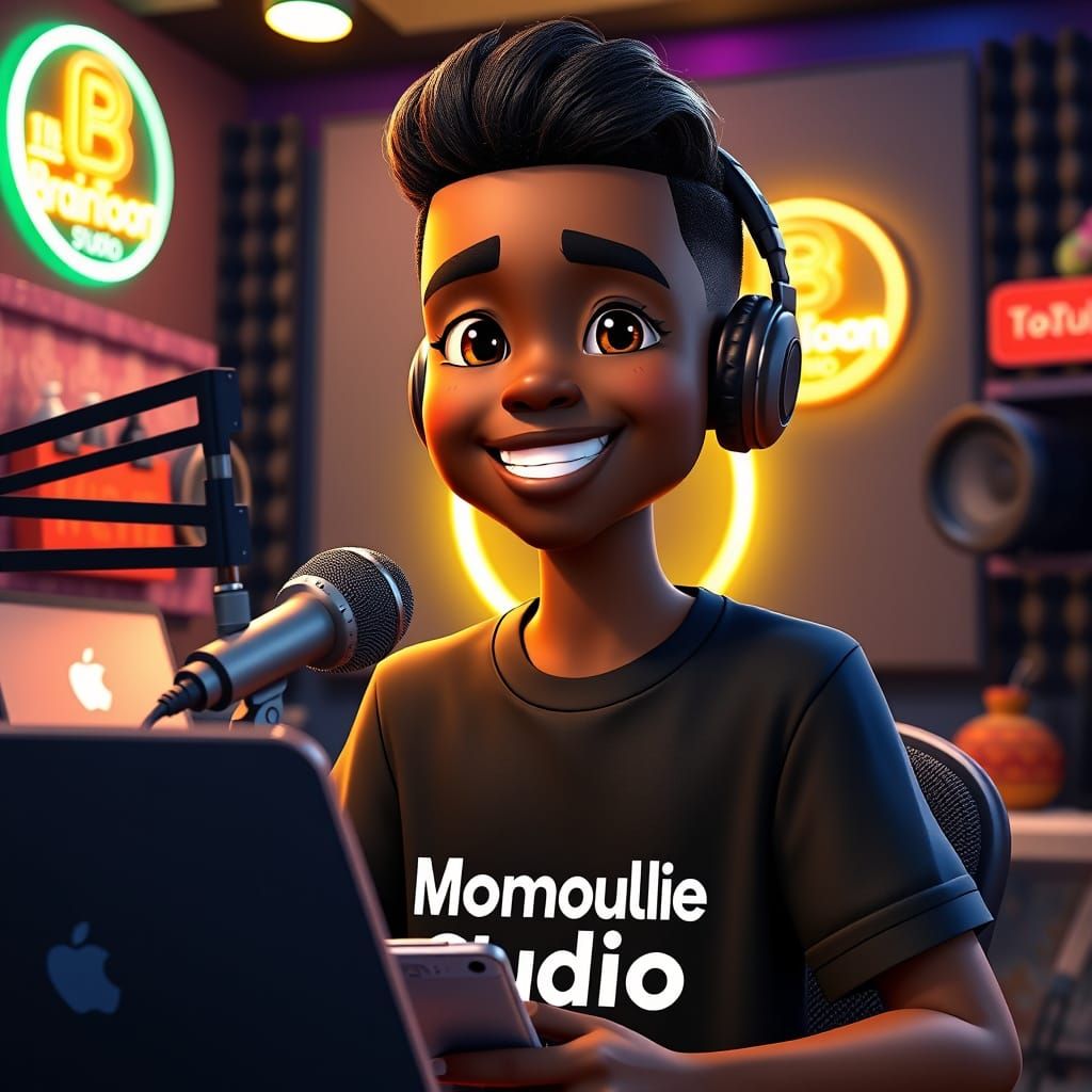Animated African Teen in Podcast Studio, Pixar Style