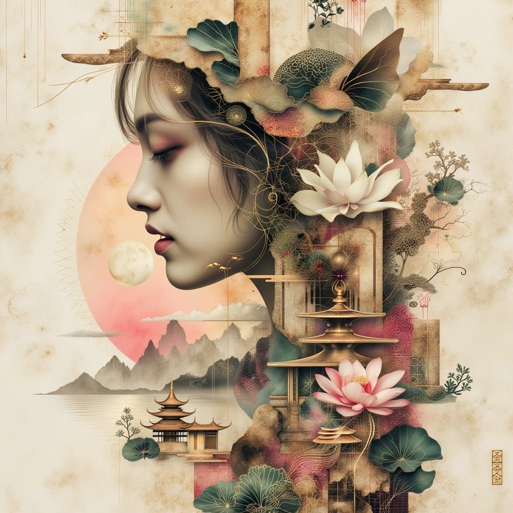 Surreal Woman with Butterfly and Lotus Flower