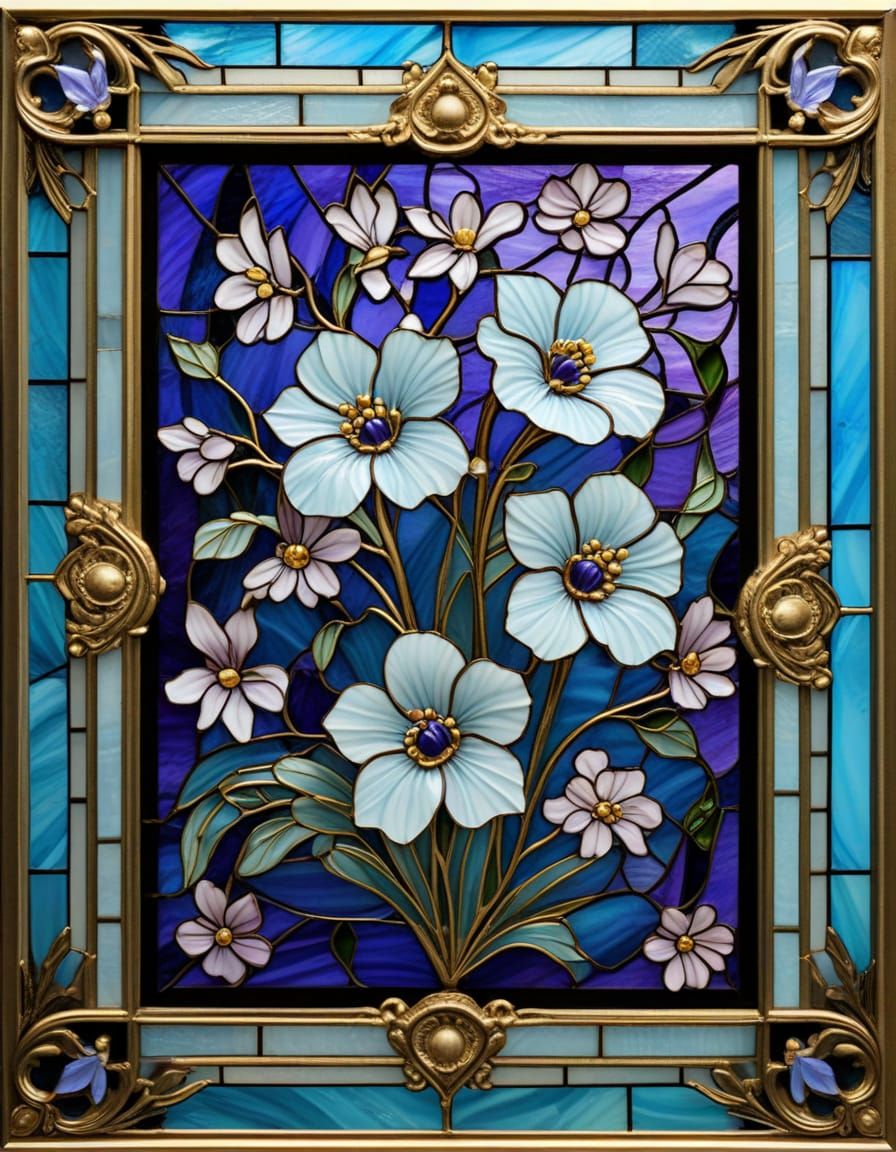 Victorian Stained Glass Art: Blue Angelina Flowers in Gold F...