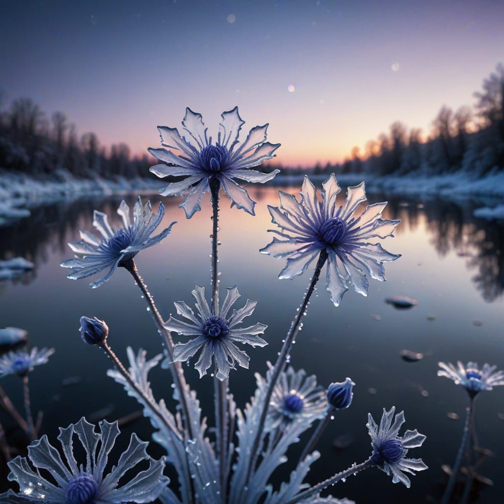 Ethereal Ice Flowers Bloom on Frozen Lake at Twilight