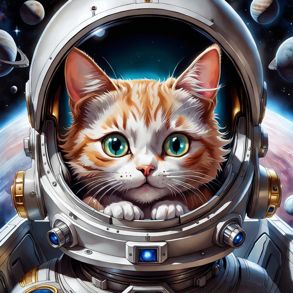 Adorable Cat in Spaceship, Detailed Watercolor Painting