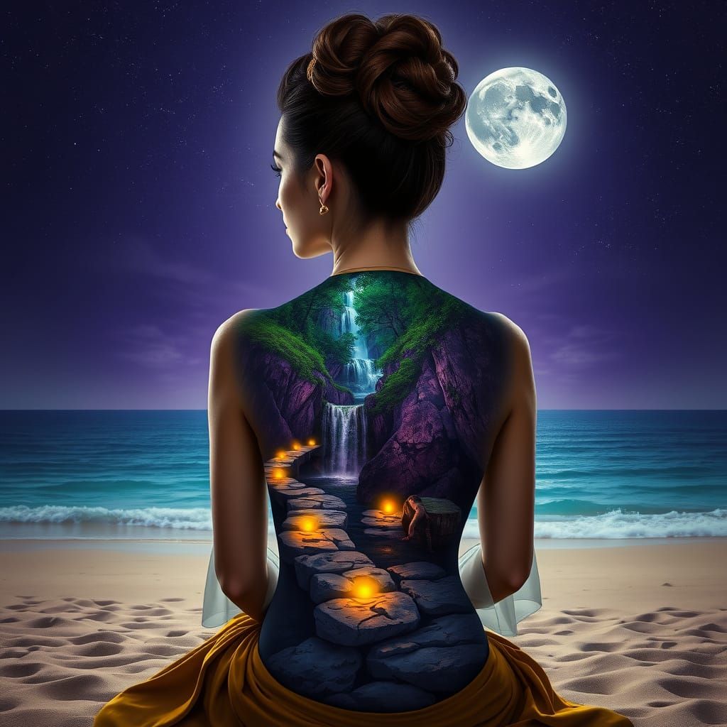 Realistic photo artwork featuring a surreal and fantastical scene. The central subject is a woman with light skin and in...