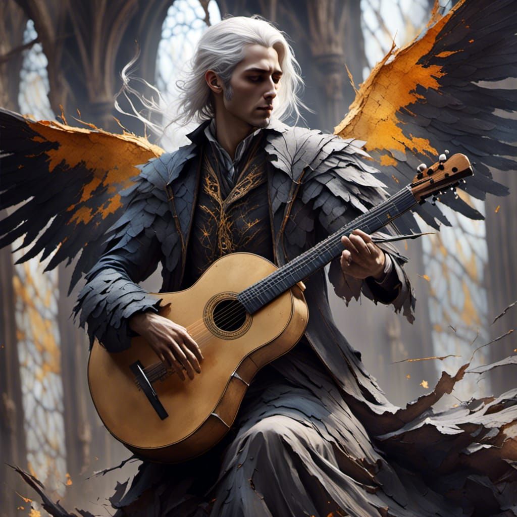Fallen Aasimar Bard with Shadowy Wings, Detailed Painting