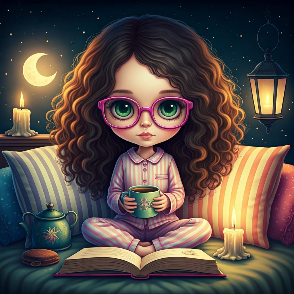Cute Doll Reading Book in Dreamy Kawaii Style