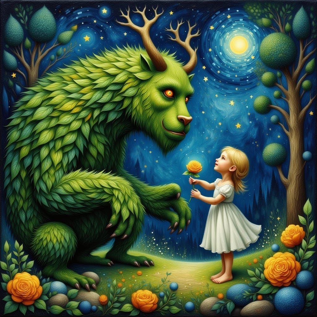 Leaf Creature Offers Rose, Impasto Fantasy Illustration