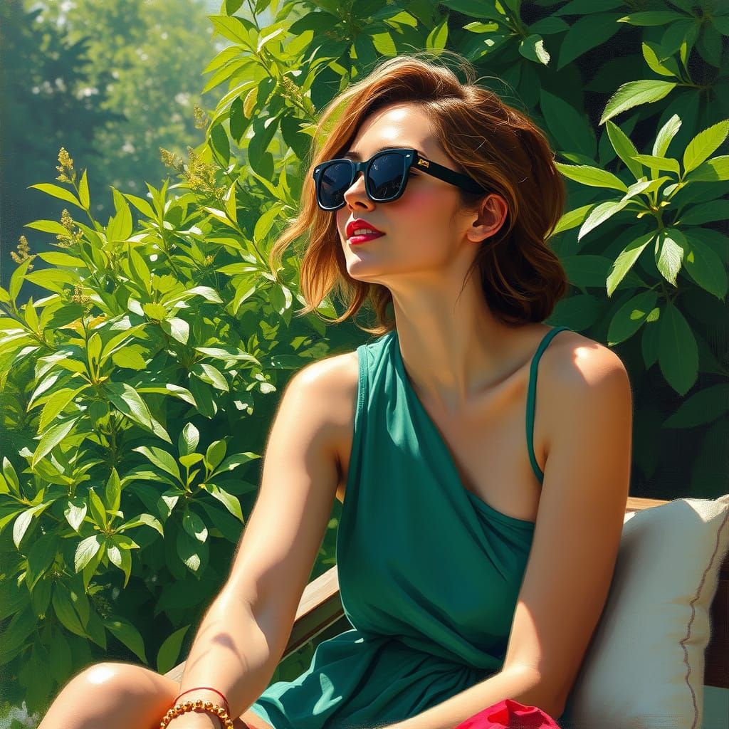 Serene Woman in Lush Greenery: Watercolor Painting