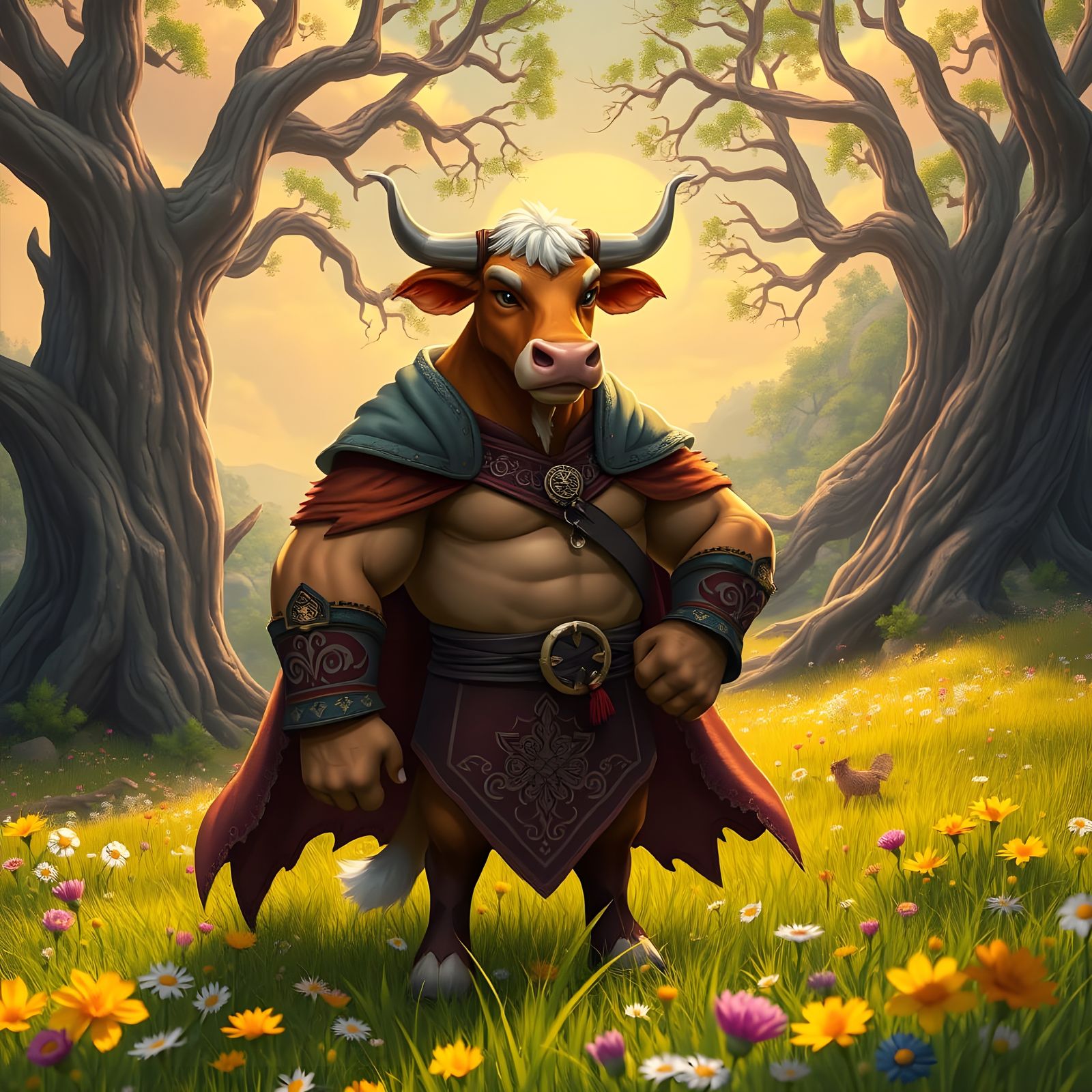 Majestic Celtic Warrior Cow Fursona in Vibrant Sunset Meadow