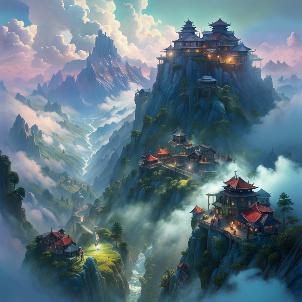 Mountain Village Above Clouds: Fantasy Masterpiece