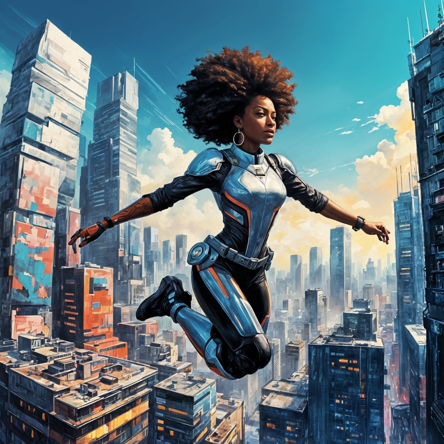 Afro-Caribbean Cyborg Leaps Through Futuristic City