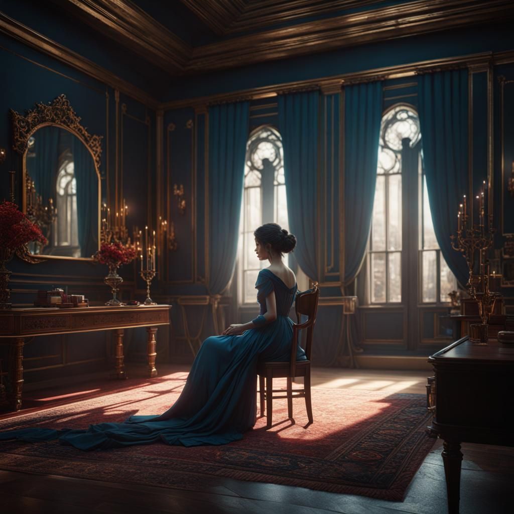 Melancholy Woman in Fantastical Room: Digital Art