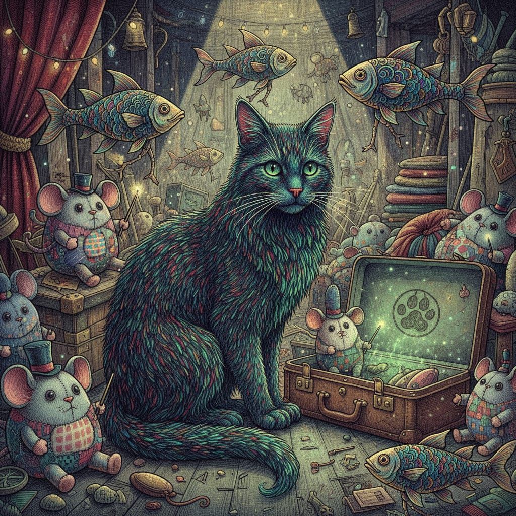 Witch Cat and Whimsical Creatures in Backstage Theatre