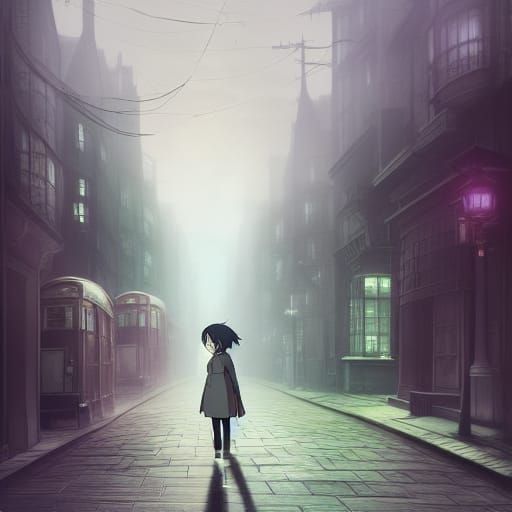 Misty London Street in Anime Style