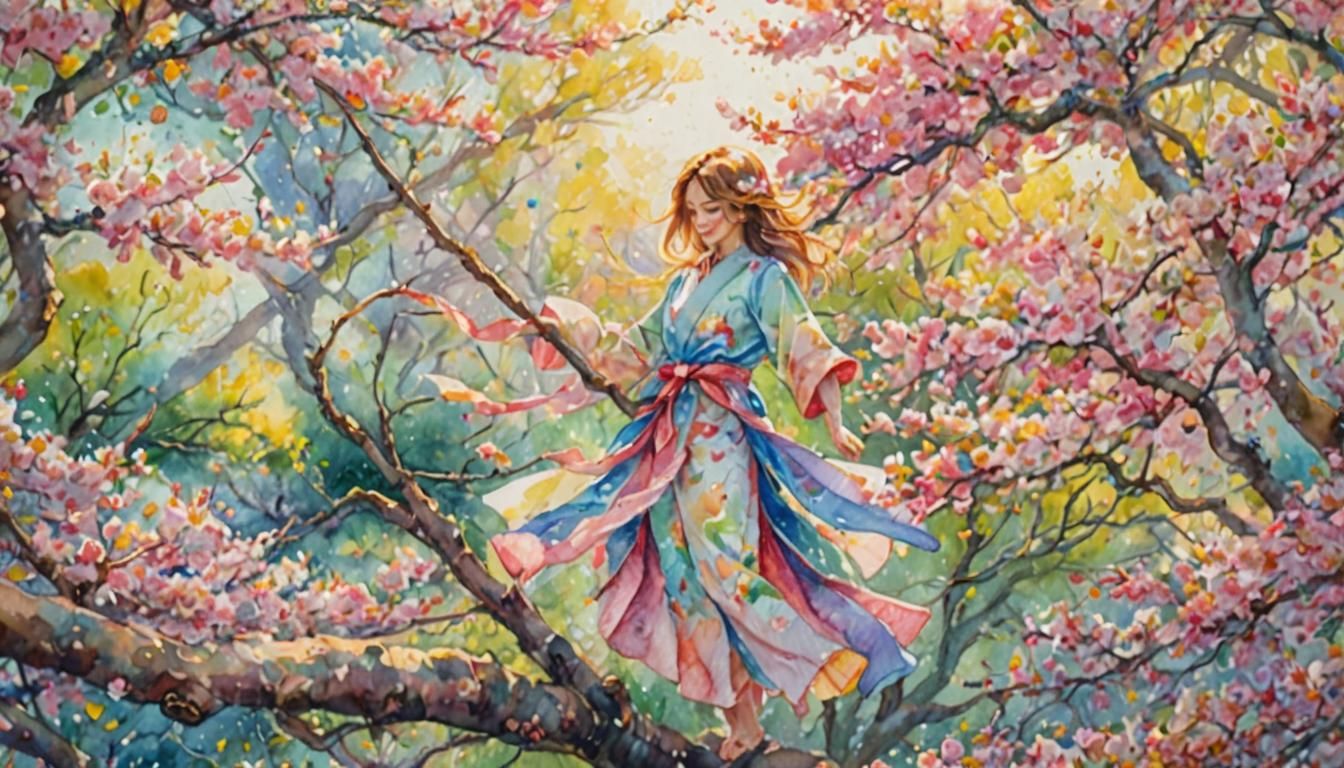 Rainbow Cherry Blossoms in Watercolor Painting