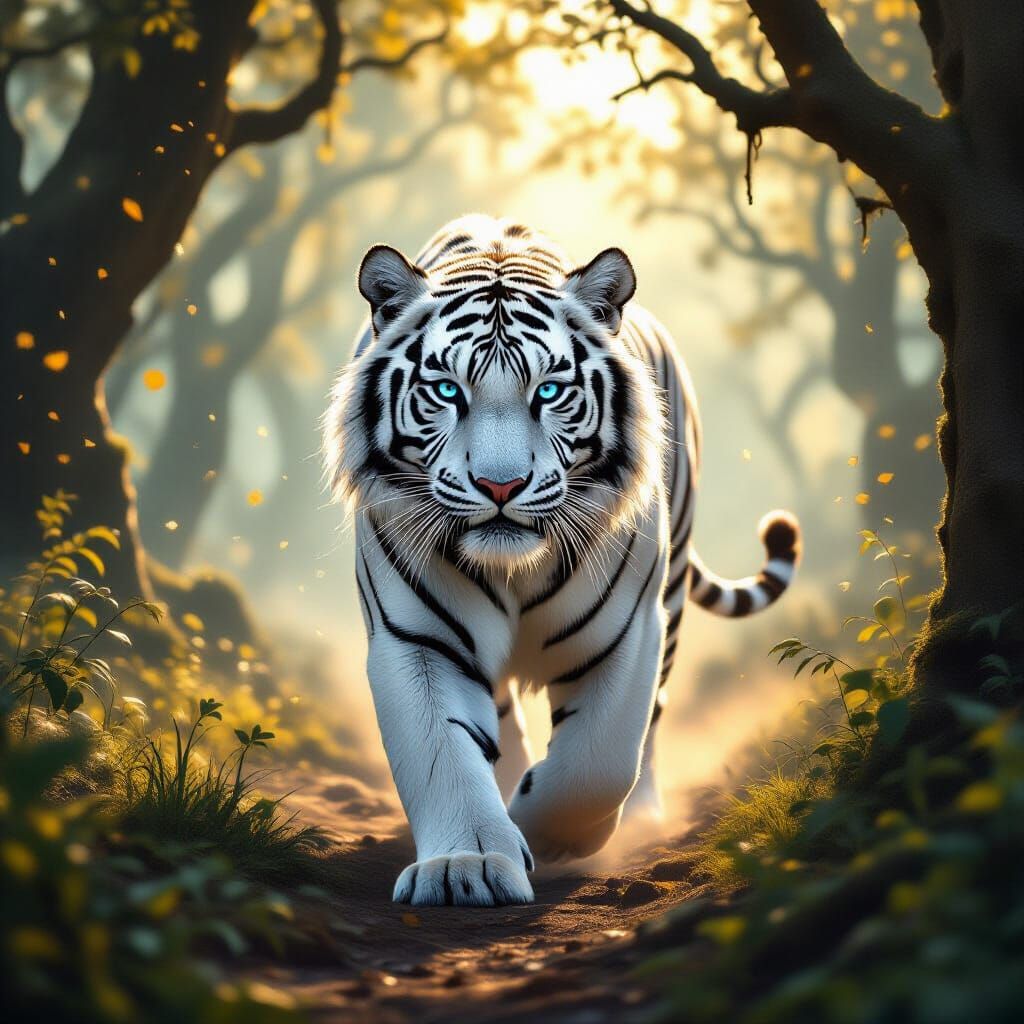 Mystical White Tiger in Enchanted Forest
