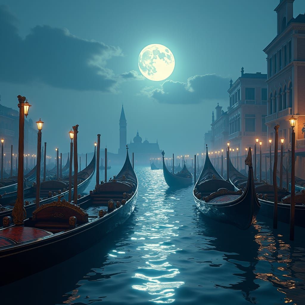 Moonlit Venetian Boats in Dreamlike Fantasy Art