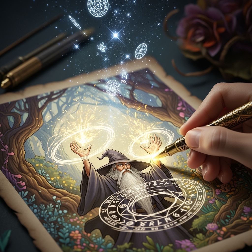 Hand Drawing Wizard Scene with Glowing Pen on Parchment
