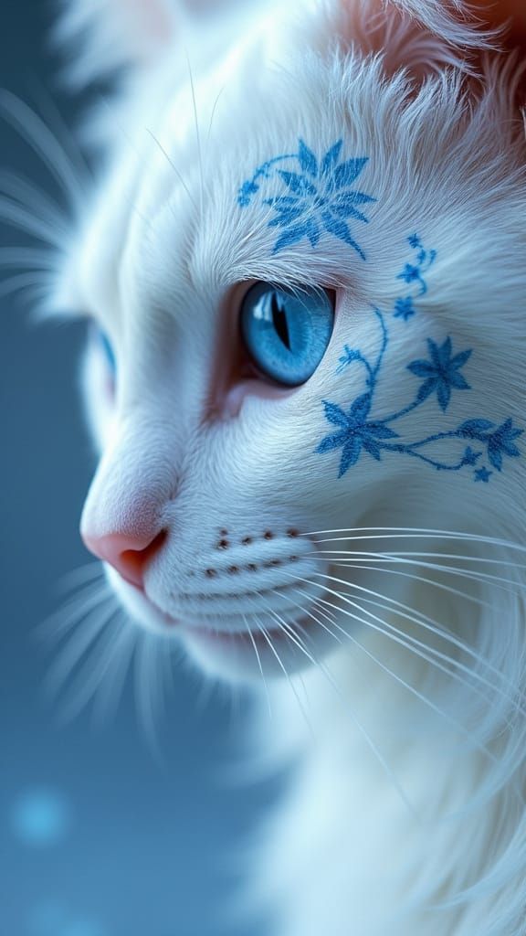 White Cat with Blue Floral Patterns in Hyperrealism