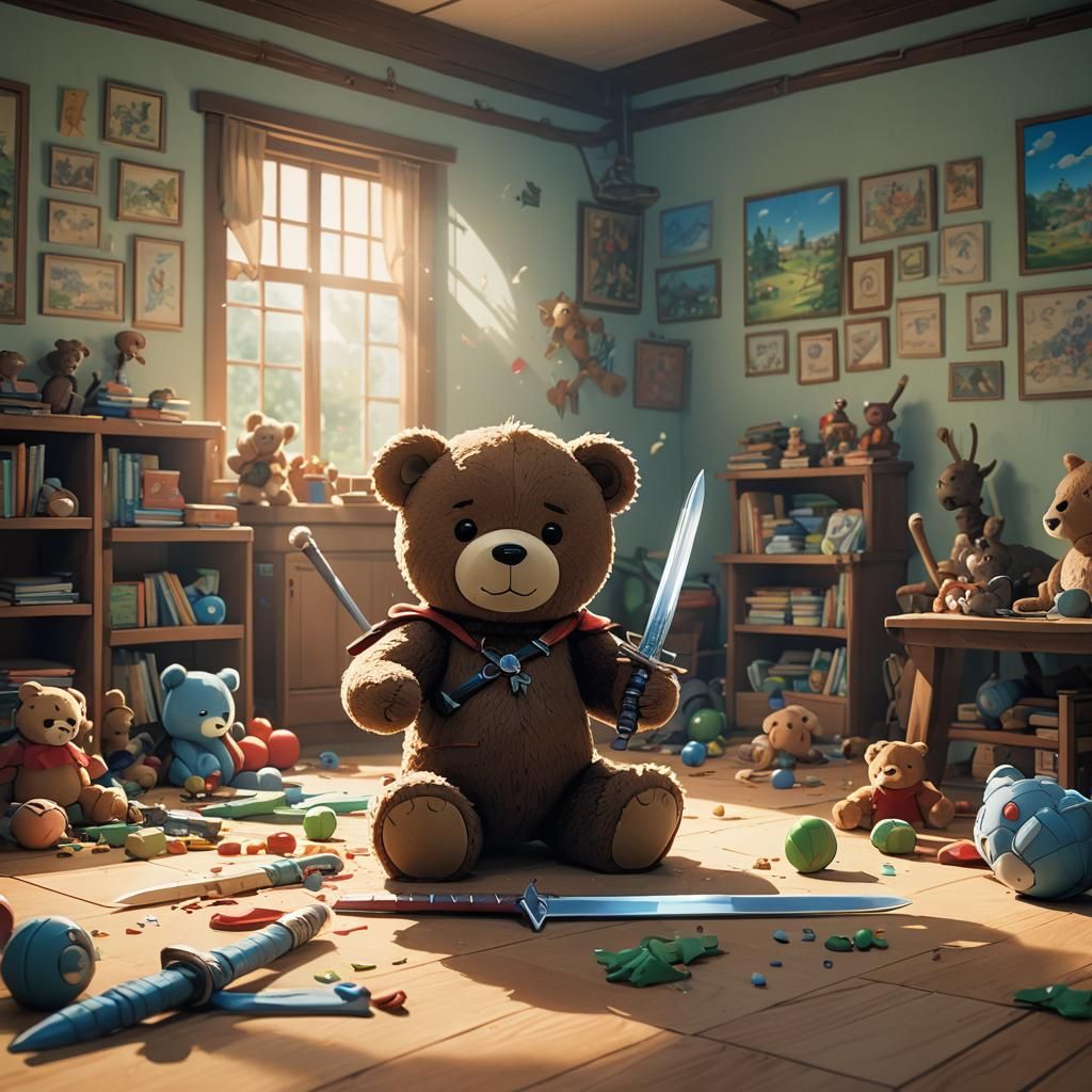 Teddy bear with toy sword fighting nightmare shadow in a bri...