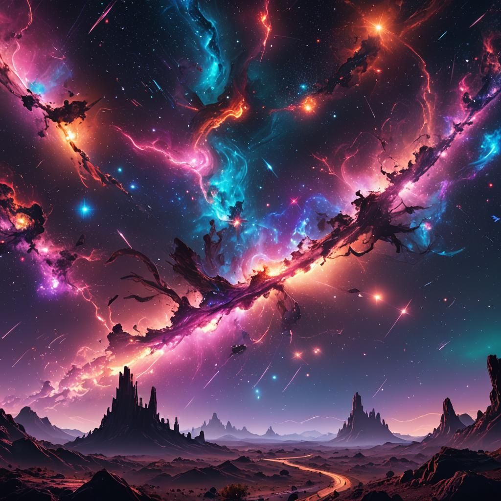 Neon Lights on a Starry Galaxy: Digital Art