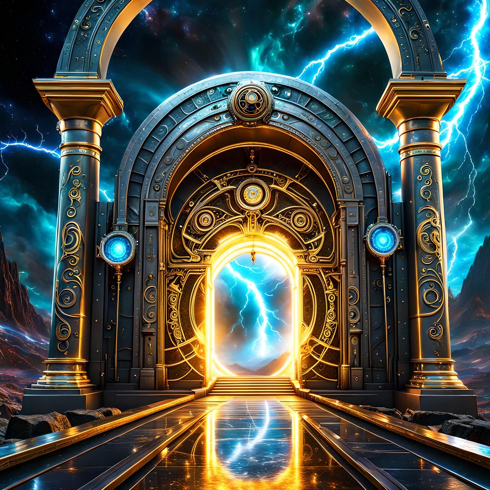Cosmic Portal Gateway in Steampunk Dreamscape