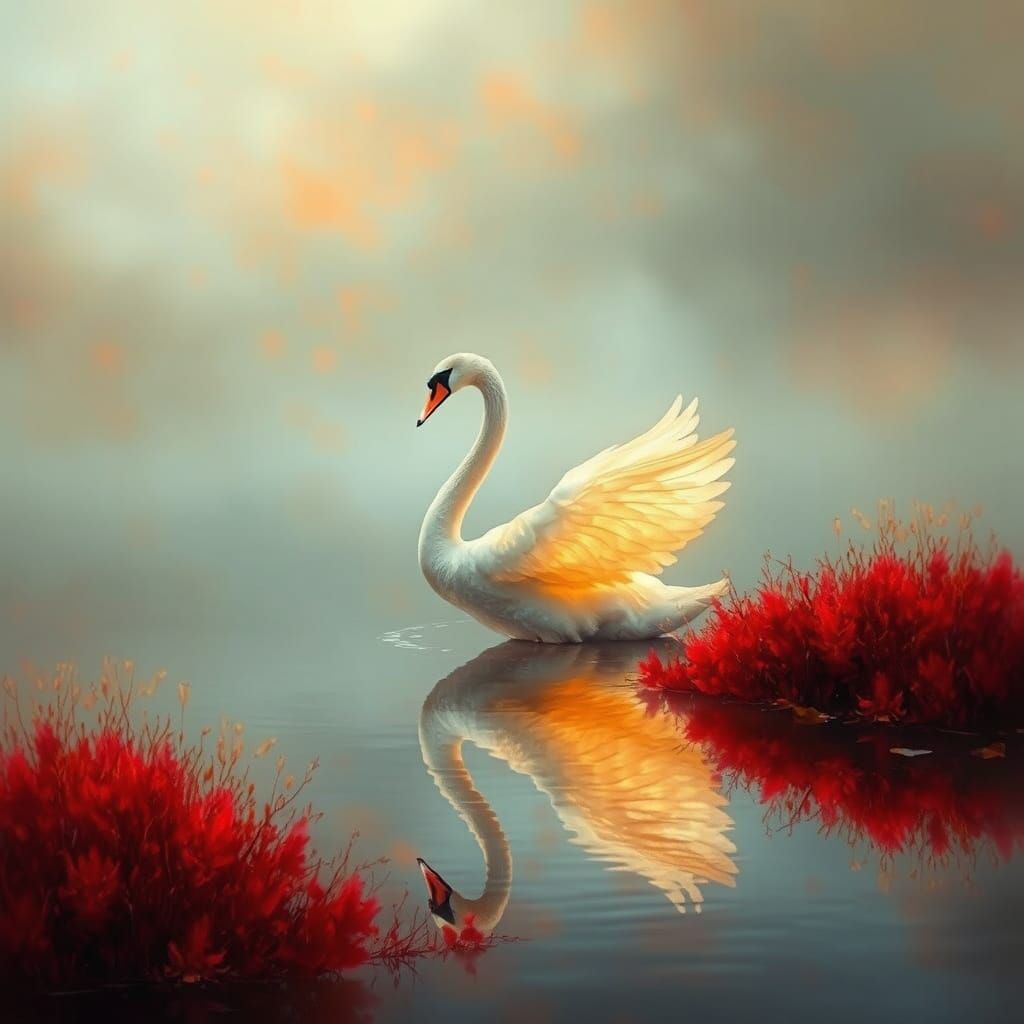 Mystical Swan in Vibrant Colored Mist