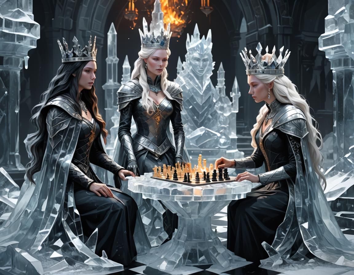 Ice and Fire Queens Play Chess, 3D Digital Art