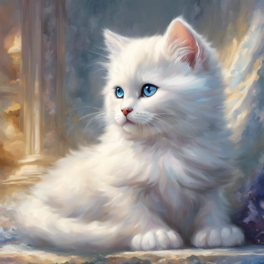 Cute White Kitten with Blue Eyes in Fantasy Style