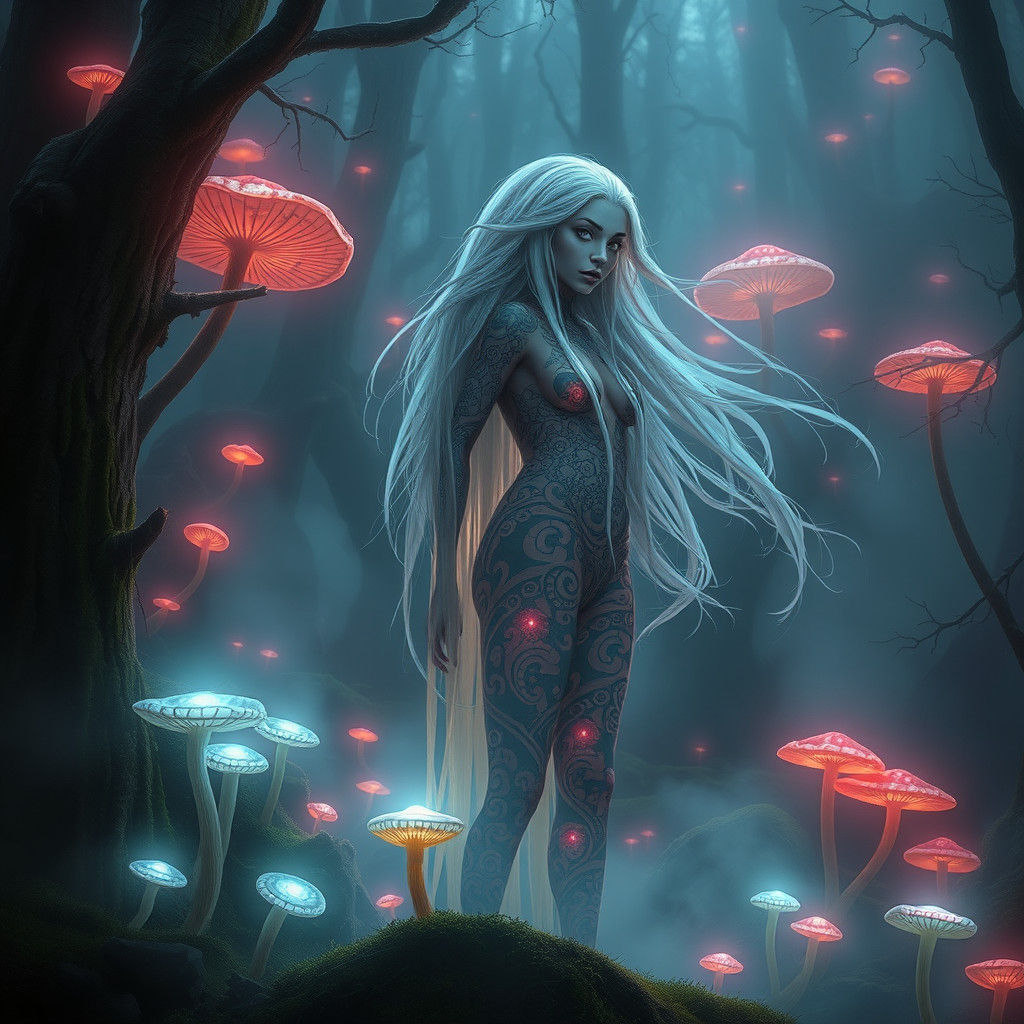 Mystical Forest with Glowing Plants and Wise Being