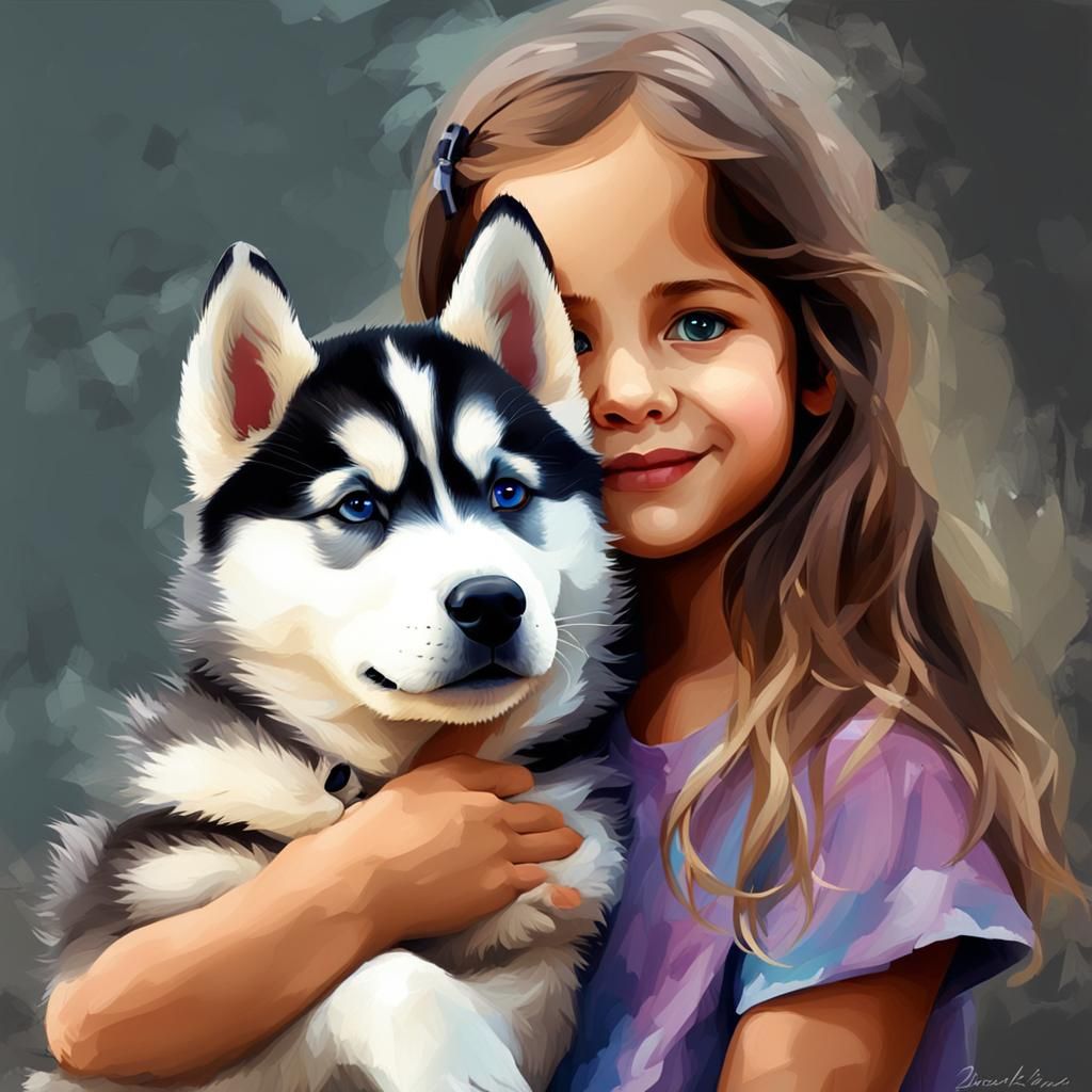 Girl and Husky Puppy in Digital Art