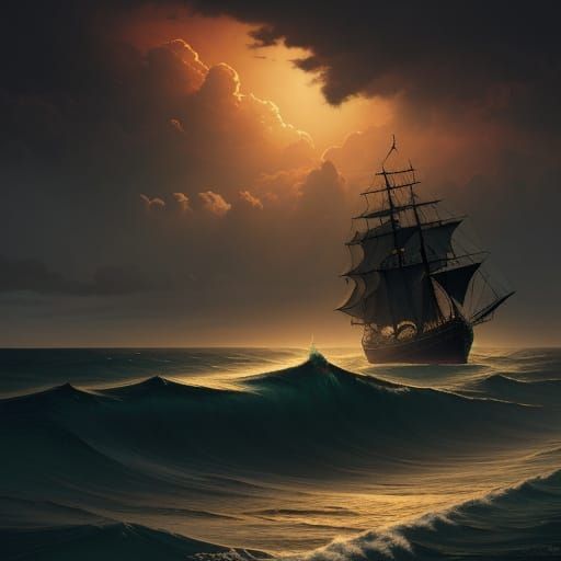 Ship Sails Dark Green Sea Under Red Sun