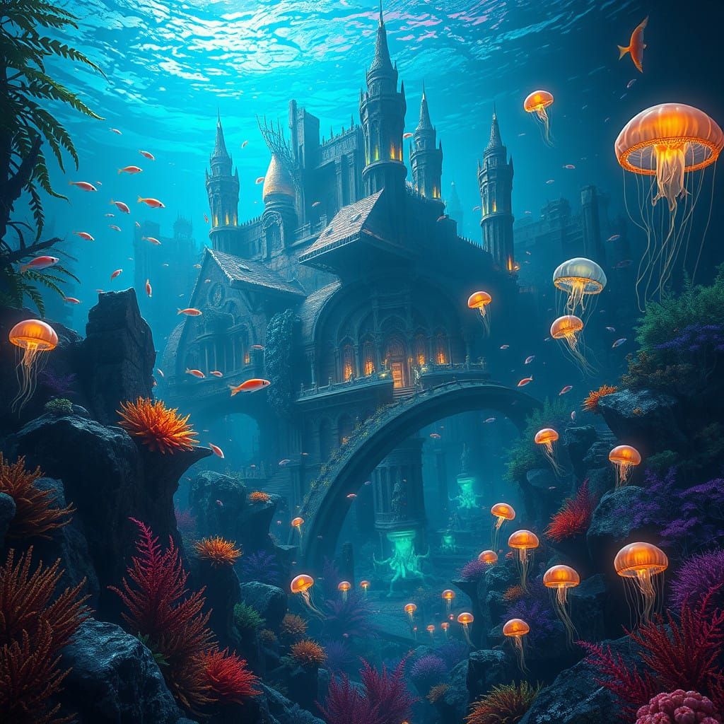 Surreal Oceanic Cityscape in Vibrant Iridescent Hues