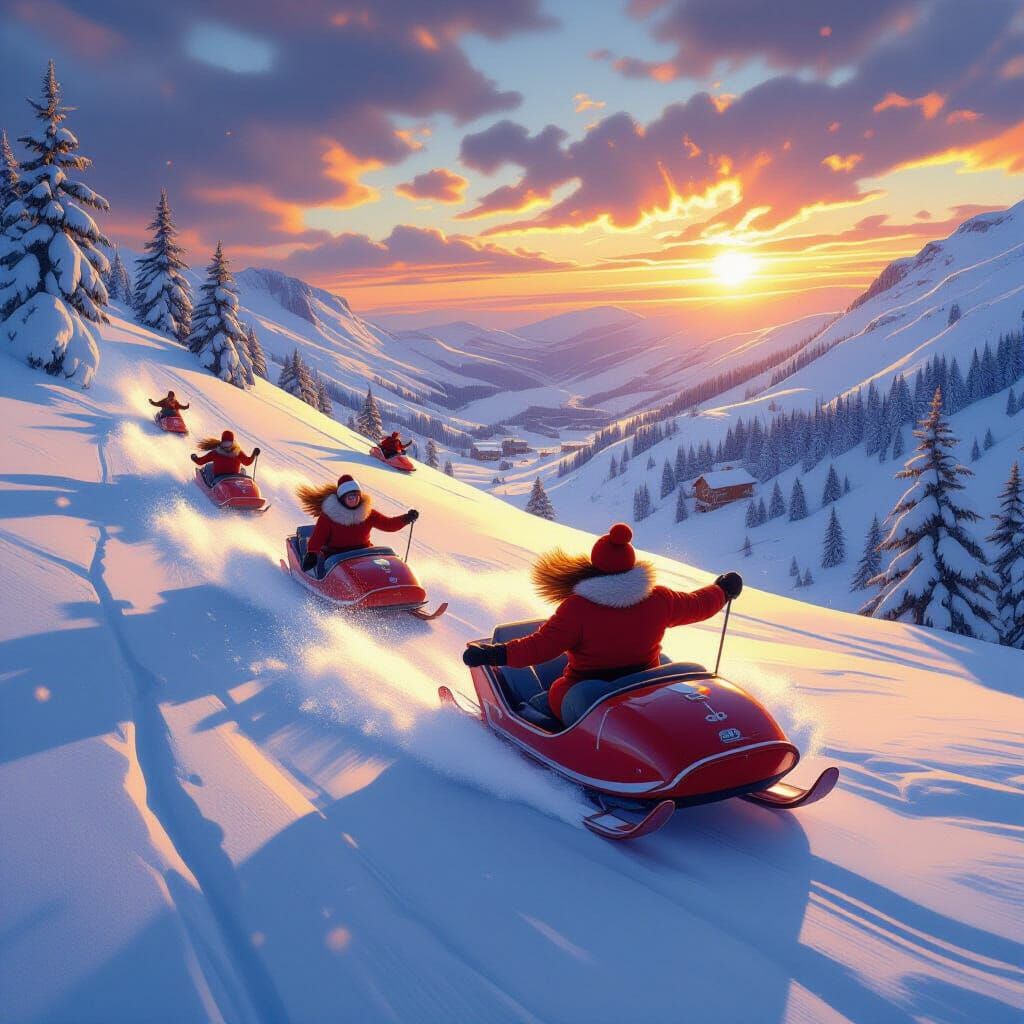 Winter Wonderland Toboggan Scene in Digital Matte Painting S...