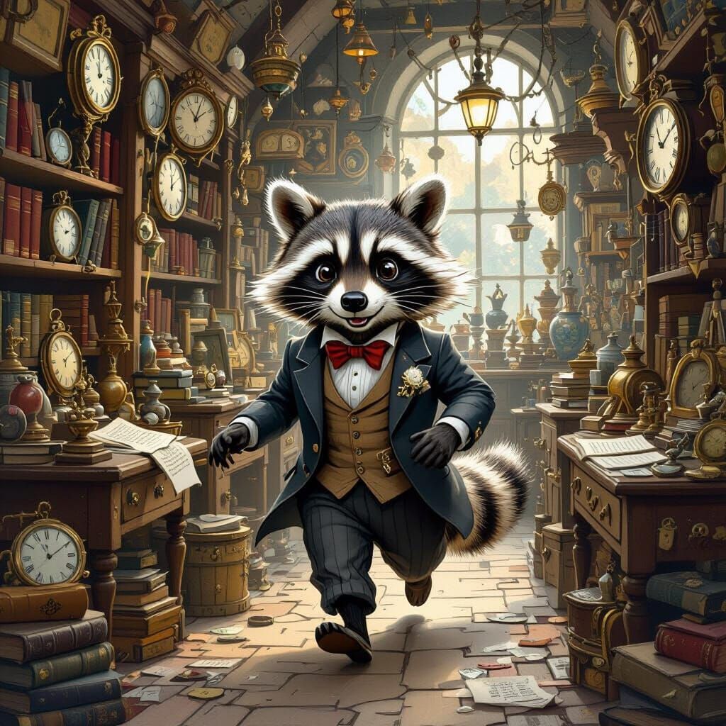 Raccoon Running an Antique Shop in Rackham Style