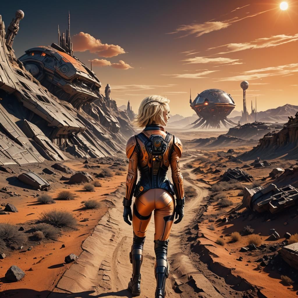 Blond Spacegirl on Alien World: Retro Sci-Fi Art