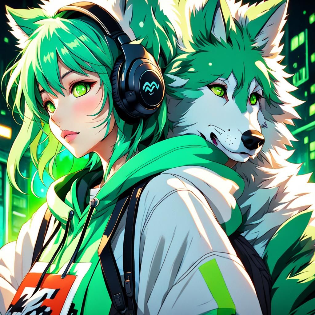Anime Girl with Wolf Ears and Pet Wolf