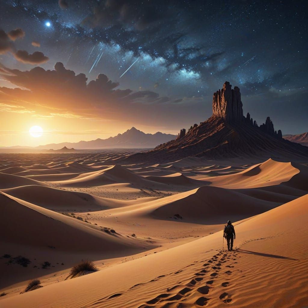 Desert Explorer Under Starry Night Sky in Cinematic Fantasy...