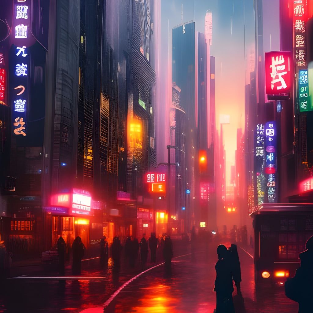 Futuristic Tokyo in Rain, Cartoon Art Style