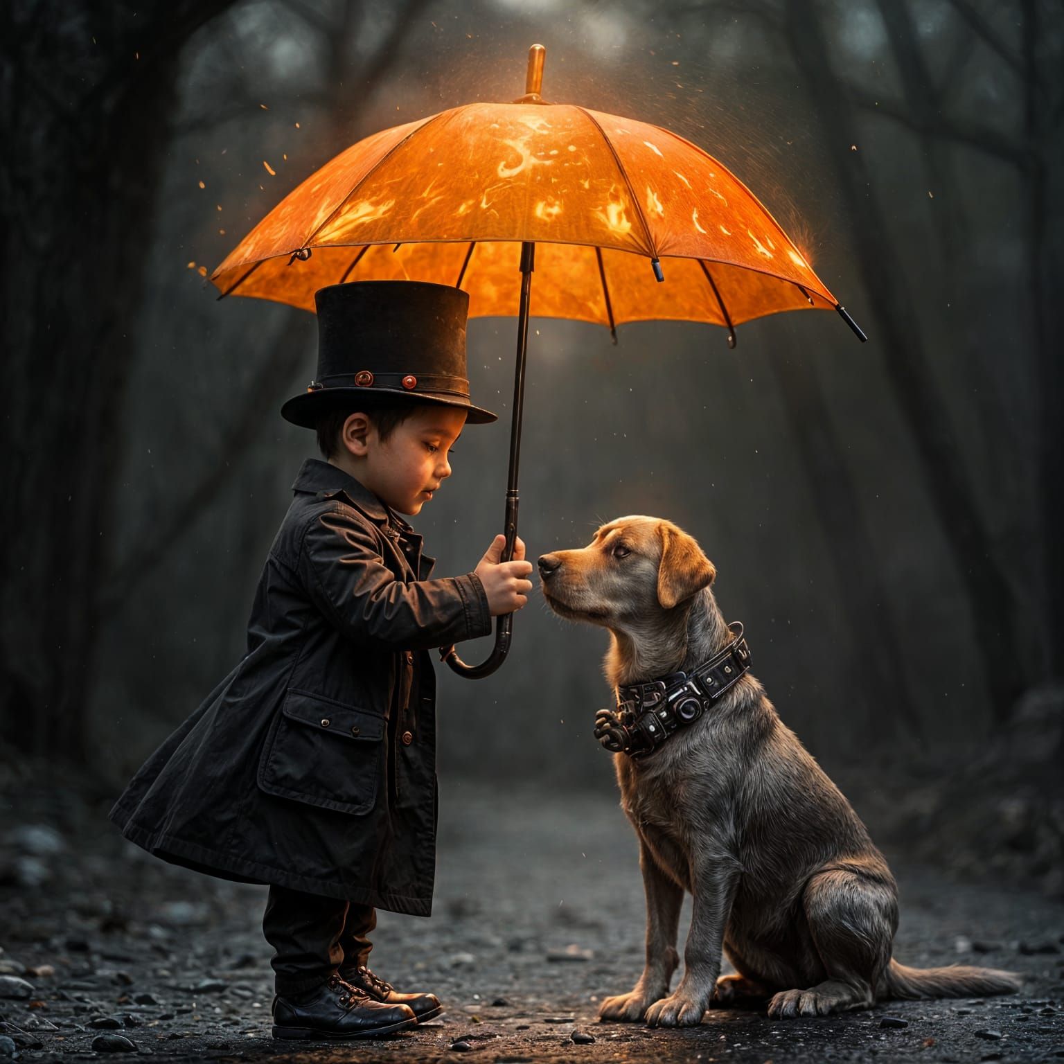 Boy with Fire Umbrella and Labrador in Steampunk Style