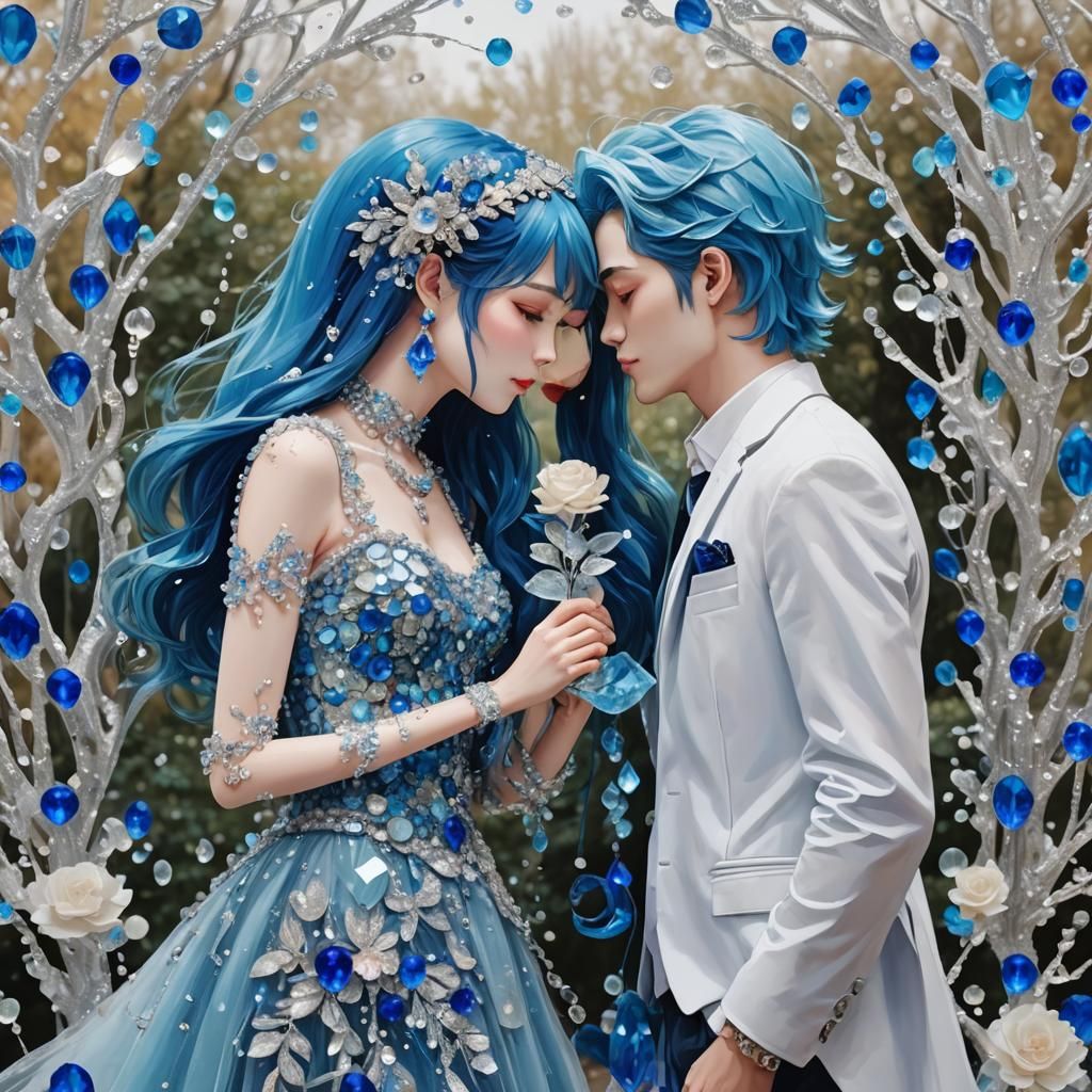 Couple in Love with Blue Hair and Crystals
