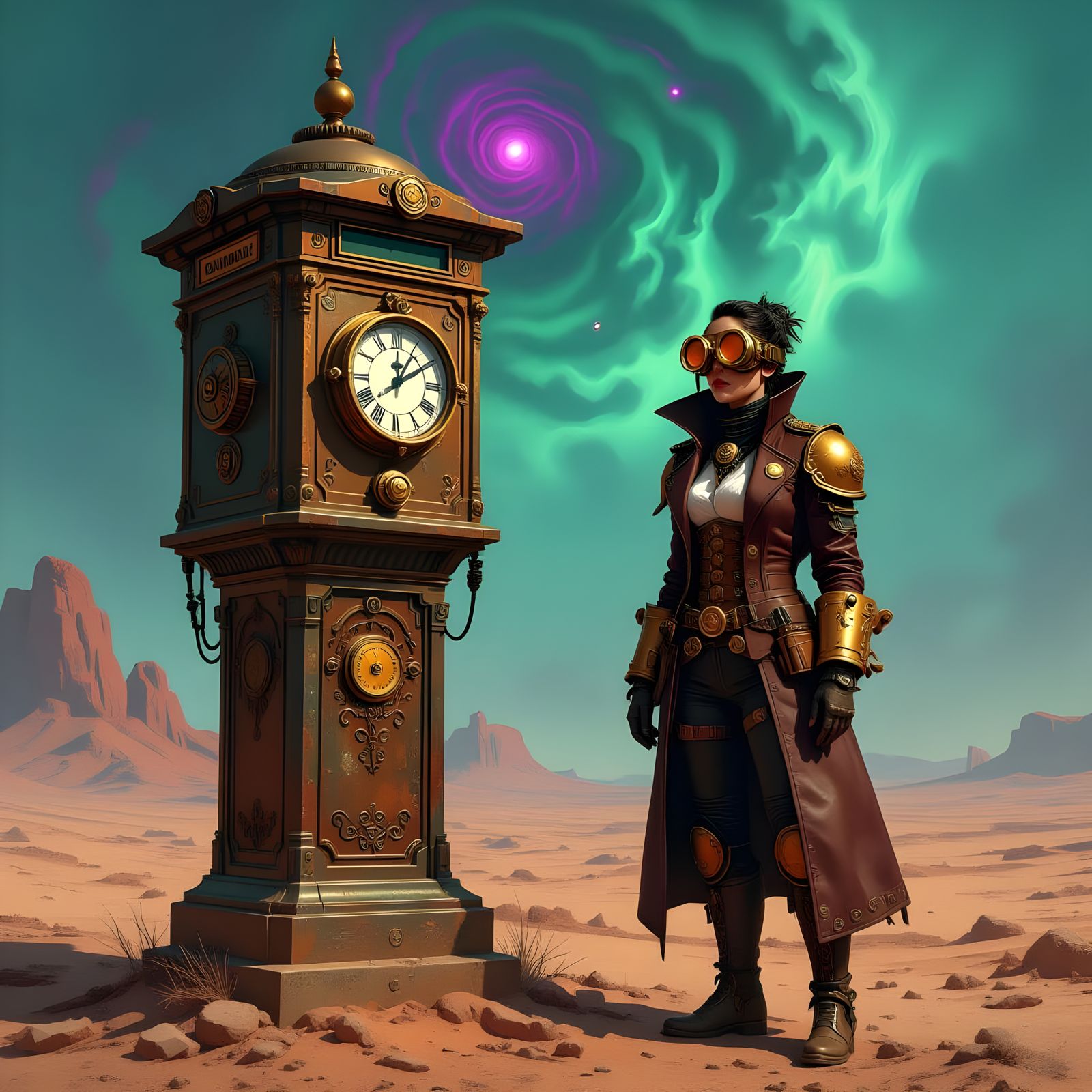 Steampunk Time Traveler on Alien Planet, Detailed Concept Ar...