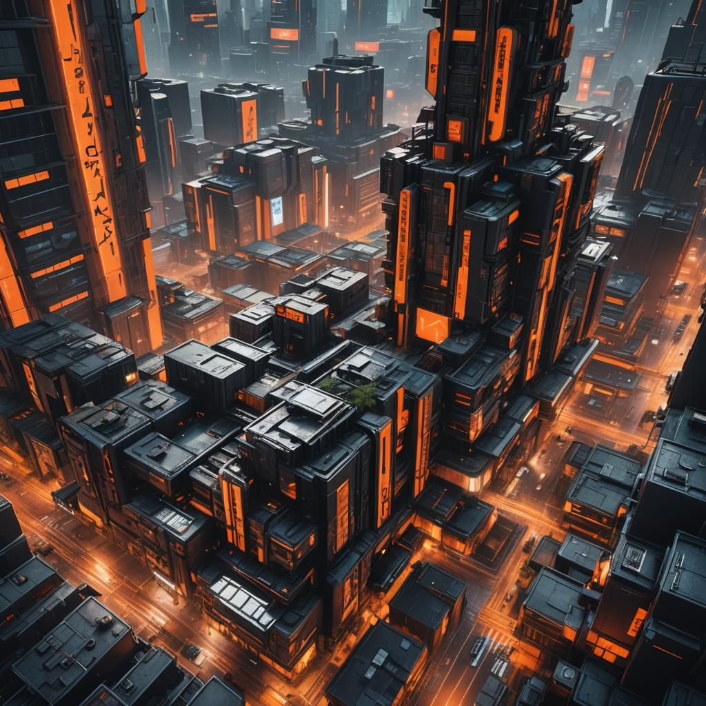 Cyberpunk Cityscape in Chrome Orange and Black