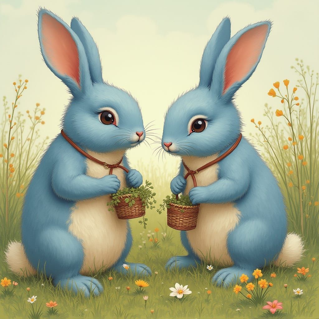 Giant Blue Northern Bunnies in Whimsical Meadow