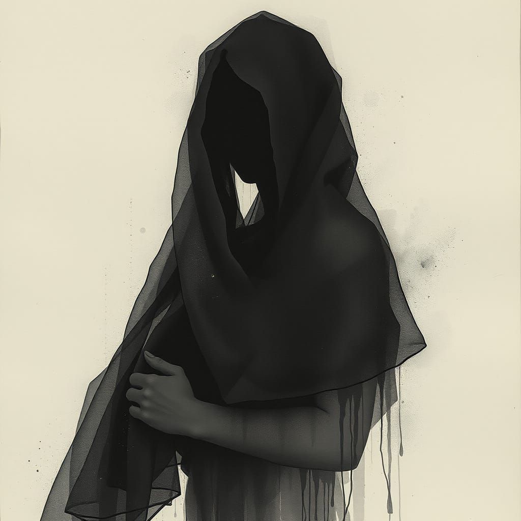 Ethereal Woman in Shadows: Ink Wash Conceptual Art