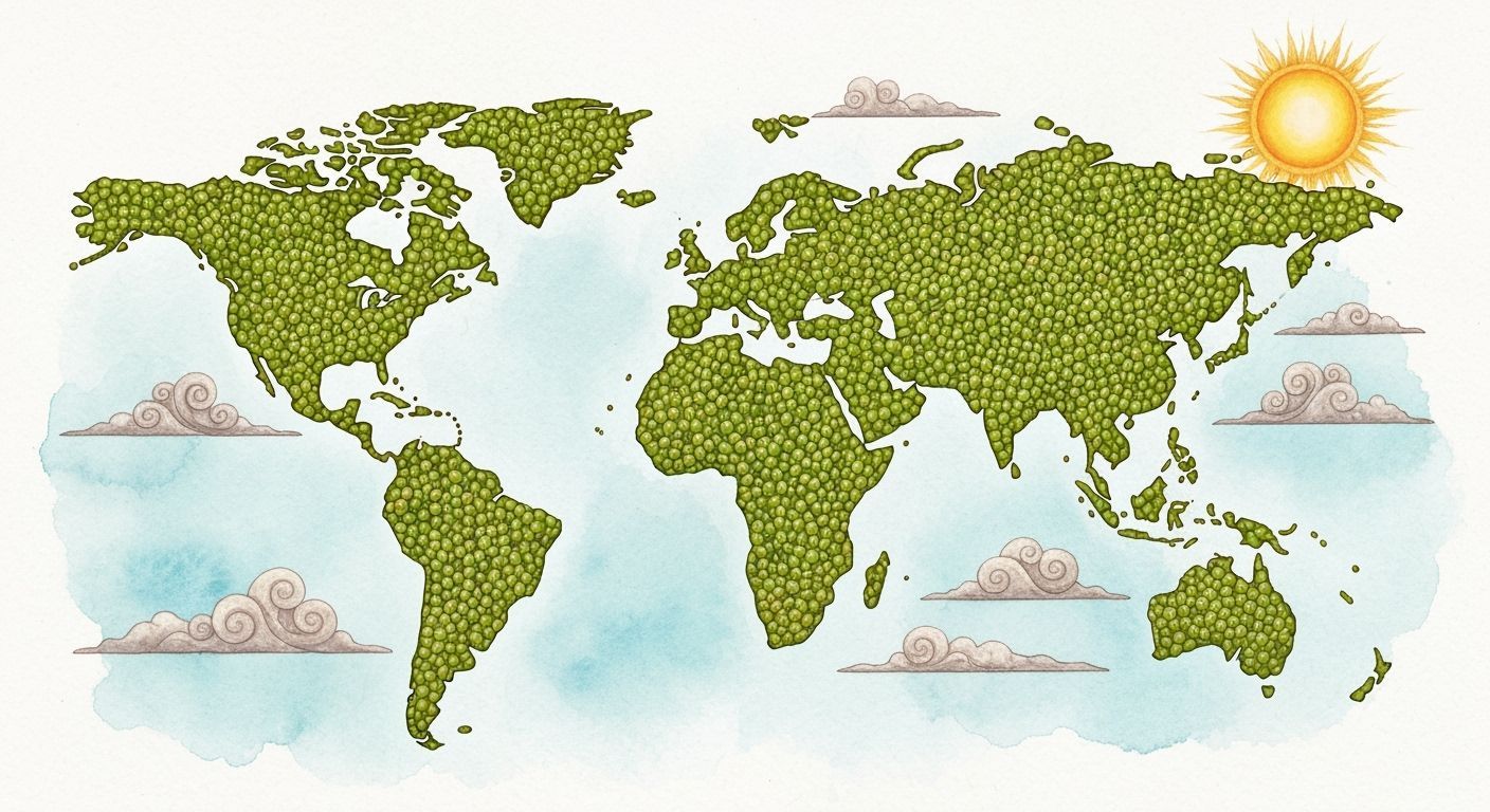Glittering World Map Made of Peas, Watercolor