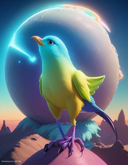 Luminous Ethereal Bird on Exotic Planet in 3D
