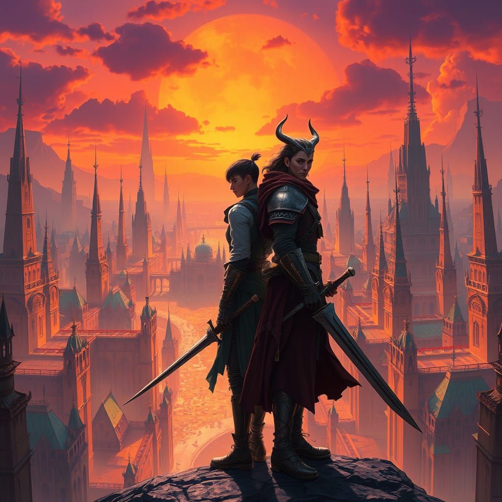 Fantasy Warriors in a Mystical Metropolis at Sunset