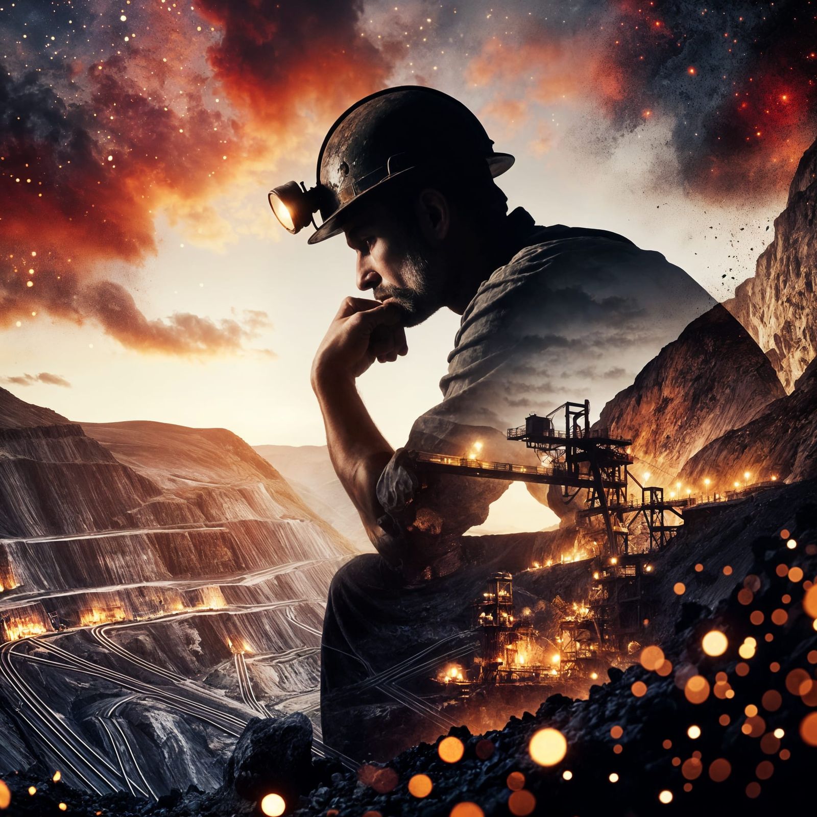 Contemplative Miner: Double Exposure Portrait