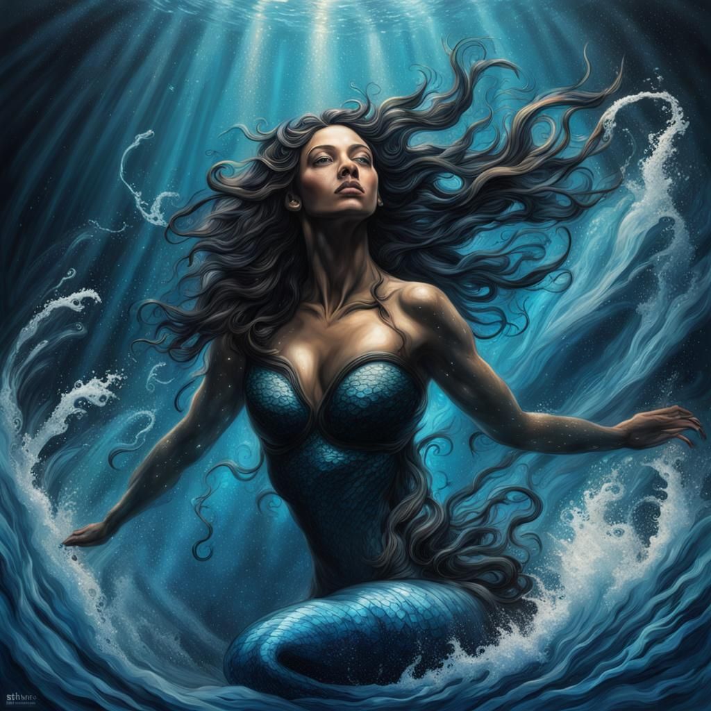 Hyperrealistic Mermaid Diving in Blue and Black