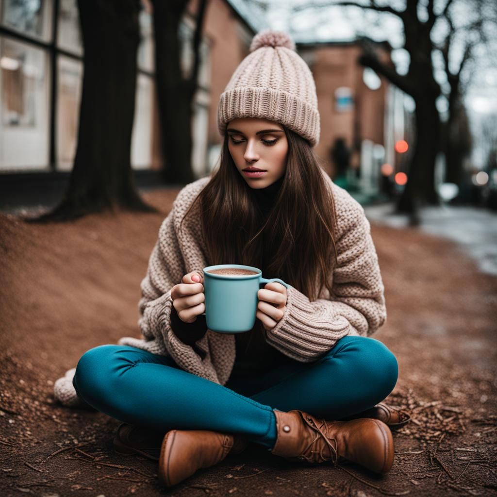 Girl Drinking Hot Chocolate on the Ground