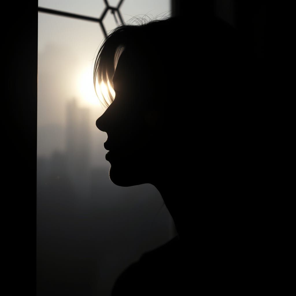 Contemplative Woman in Foggy Dawn Light